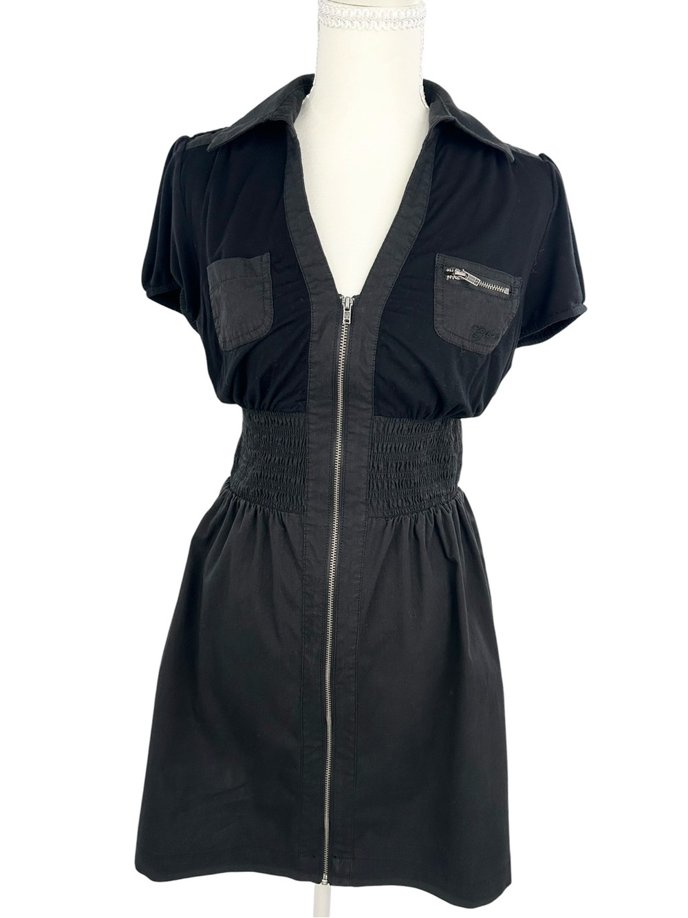 Guess Y2K Black Zip Front Puff Sleeve Smocked Waist Mini Dress M